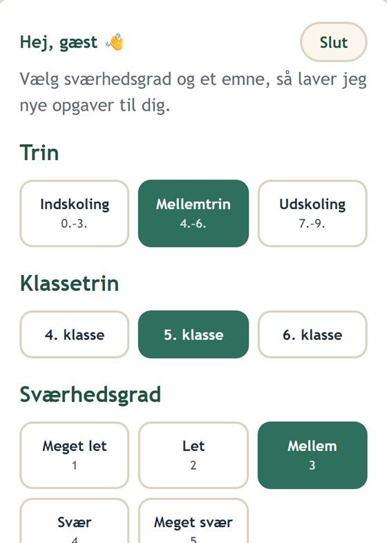 Skærmbillede fra Matematikportalen: vælg trin, klassetrin, sværhedsgrad og emne