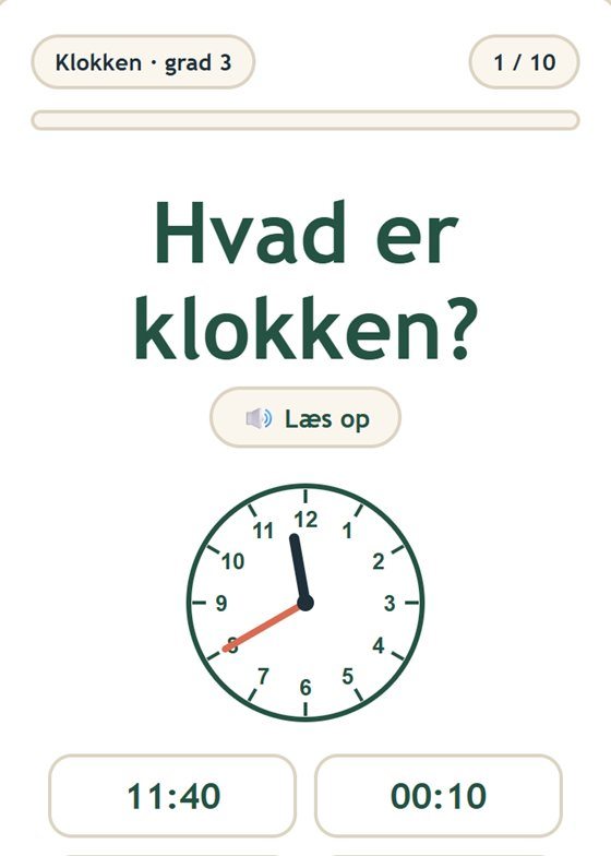 Skærmbillede fra Matematikportalen: opgave hvor man skal aflæse et ur